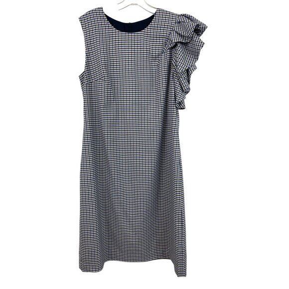 Banana Republic Sheath Dress Womens 14 Blue Brown Plaid Single Ruffle Shoulder - Picture 1 of 10